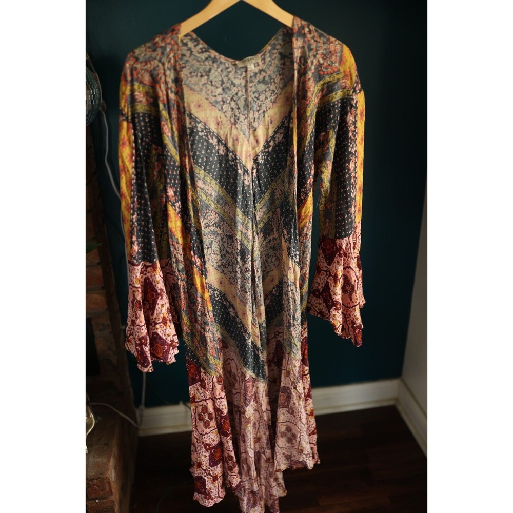 Umgee Multi-Color Patterned Kimono with Maroon and Mustard Accents